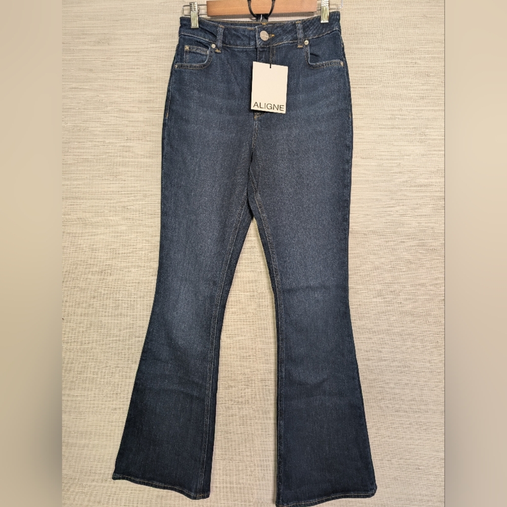 Aligne Denim Slim Flare Ocean Blue Jeans 26 NWT Dark Wash - Picture 4 of 12
